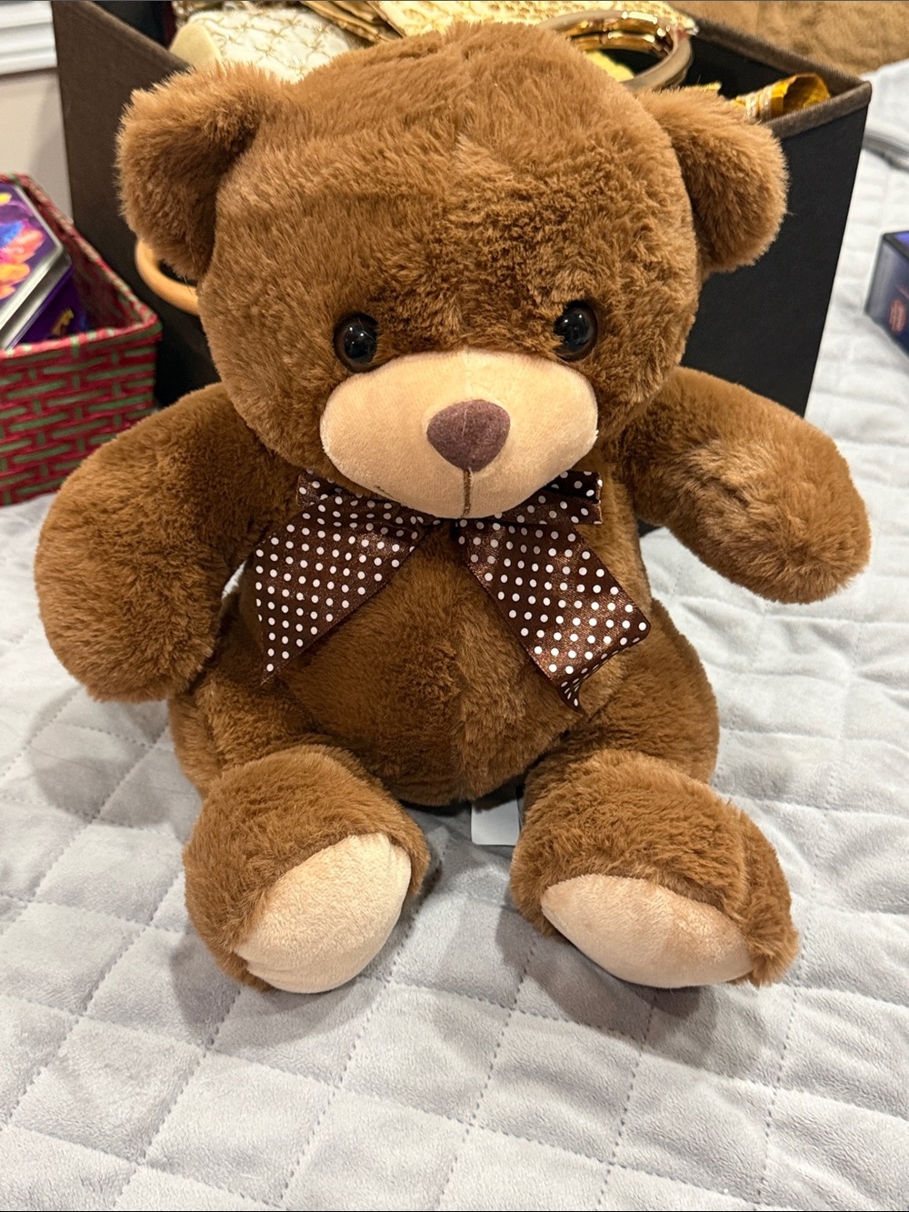 Plush Brown Teddy Bear with Polka Dot Bow - Kids Toy